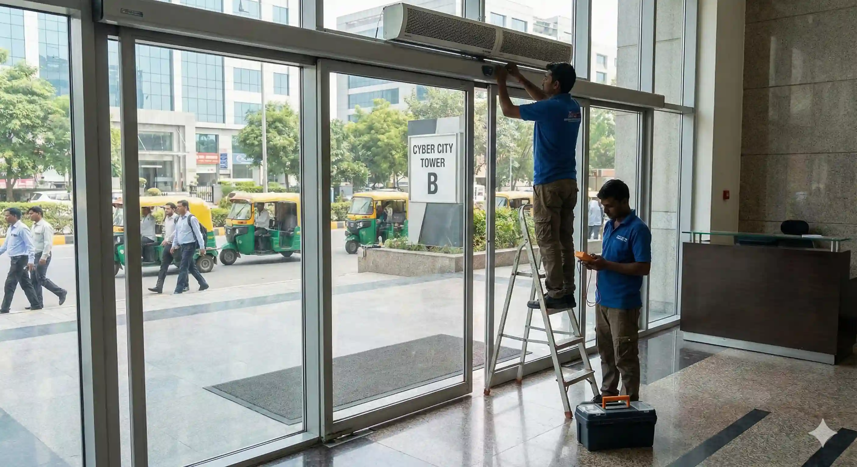 Technician repairing door in Knowledge Park 1